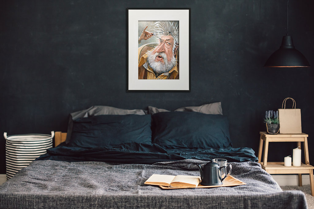Eye of the beholder - målning i akryl av Lars Ahlberg som hänger ovanför en soffa i ett vardagsrum.